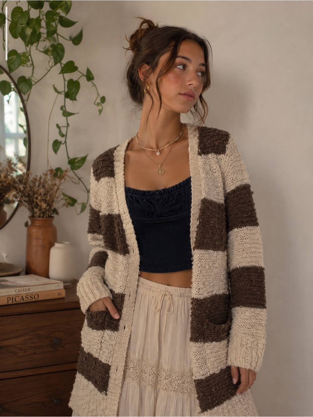 Free people size small brown and cream striped maxi sweater